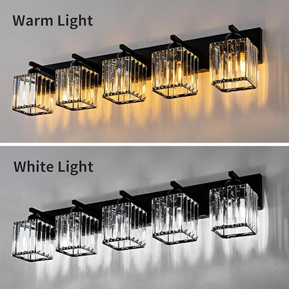 Black Crystal Bathroom Lighting Fixtures, 5 Light Modern Crystal Bathroom Vanity Lights Over Mirror, Wall Light Bathroom Light Fixtures