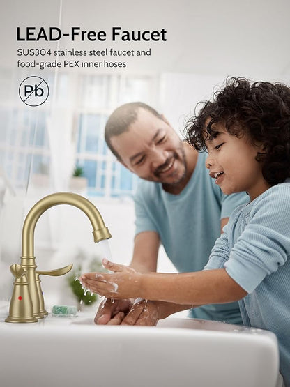 Brushed Gold Bathroom Faucet 3 Hole, 4 Inch Bathroom Sink Faucet with 2 Hot/Cold Handles, Pop-Up Drain, Lead-Free, No-Leak, RV Faucet for Bathroom Sink, Bath, Camper