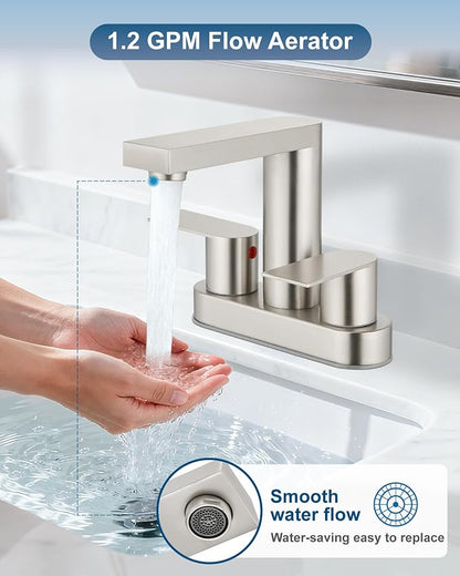 Brushed Nickel Bathroom Sink Faucet,4 Inch Centerset,Two Handle | Lead-Free SUS304 Stainless Steel 2 or 3-Hole Centerset Bathroom Faucet,Pop-Up Drain & cUPC Supply Lines for Vanity Sinks & RV