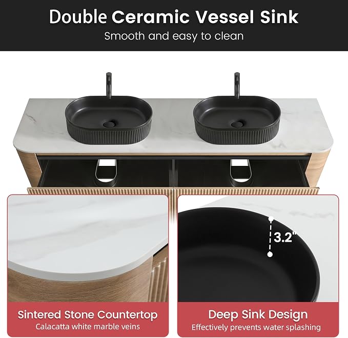 72" Floating Bathroom Vanity with Double Black Sink, Honey Oak | Pre-Assembled Fluted Wall Mounted Vanity with Ceramic Sink, Sintered Stone Countertop, Soft-Close Drawers & Towel Rack