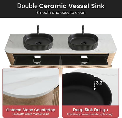 72" Floating Bathroom Vanity with Double Black Sink, Honey Oak | Pre-Assembled Fluted Wall Mounted Vanity with Ceramic Sink, Sintered Stone Countertop, Soft-Close Drawers & Towel Rack