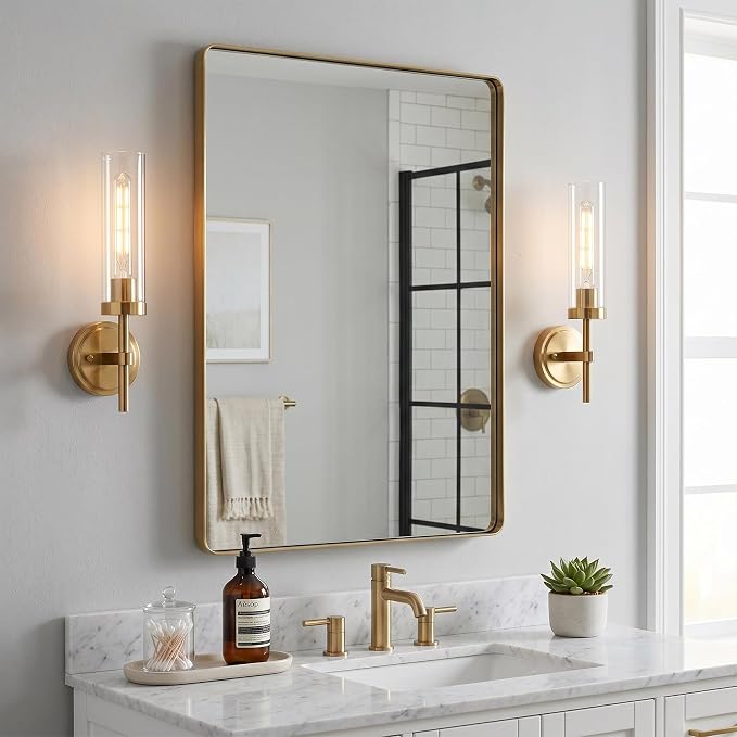 Hardwired Wall Sconces Set of Two, Brushed Gold Bathroom Sconces Wall Lighting Vanity Light Fixtures with Clear Glass, Brushed Brass Wall Decor Lights for Mirror Living Room Bedroom Hallway Stairwell