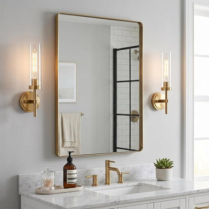 Hardwired Wall Sconces Set of Two, Brushed Gold Bathroom Sconces Wall Lighting Vanity Light Fixtures with Clear Glass, Brushed Brass Wall Decor Lights for Mirror Living Room Bedroom Hallway Stairwell