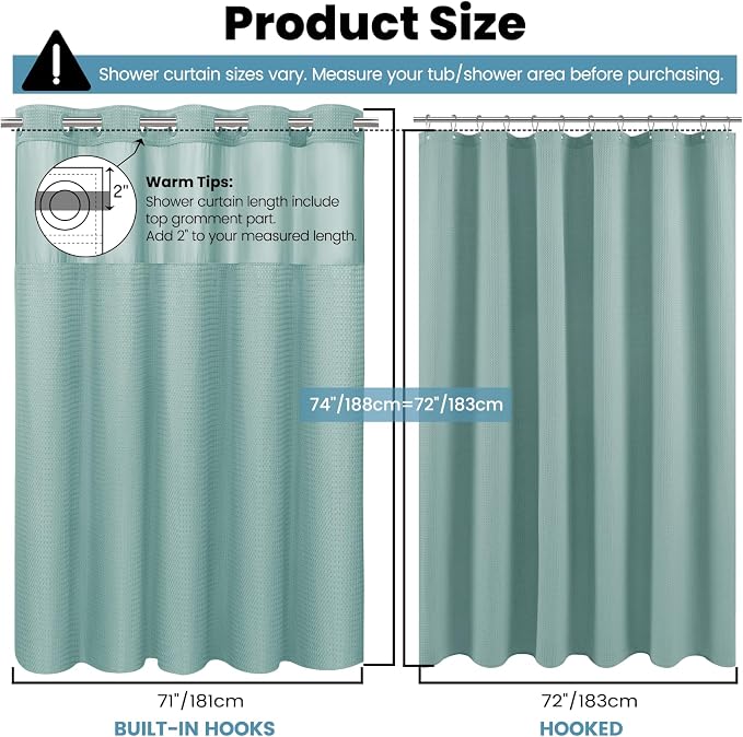 SORTTO No Hook Shower Curtain with Snap in Liner Set Waffle Shower Curtain for Bathroom Hotel Style Fabric Waterproof Inner Liner，71" W x 74" H, Teal