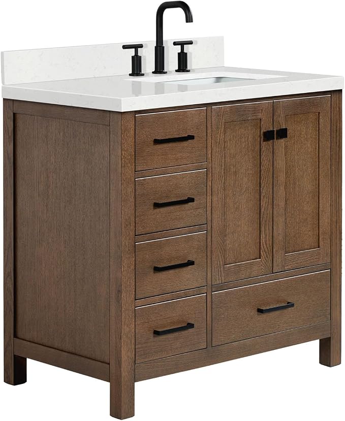 ARIEL Cambridge 36-inch Bathroom Vanity with Sink,Solid Wood, 1.5-inch Carrara White Quartz Countertop, Single Rectangular Porcelain Sink, 2 Soft Closing Doors, 5 Dovetail Drawers, Brown Oak