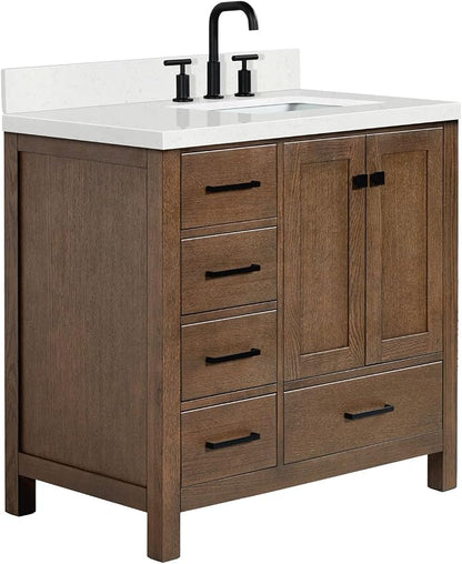 ARIEL Cambridge 36-inch Bathroom Vanity with Sink,Solid Wood, 1.5-inch Carrara White Quartz Countertop, Single Rectangular Porcelain Sink, 2 Soft Closing Doors, 5 Dovetail Drawers, Brown Oak