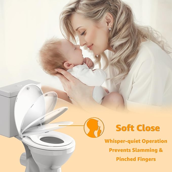 Toilet Seat with Toddler Seat, Potty Training Toilet Seat Round 2 in 1 Soft Close Quiet No Slapping, Magnetic Absorption, Easy to Install and Clean,White