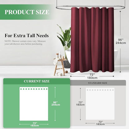 Extra Long Waffle Shower Curtain 256 GSM Fabric 72x96 Burgundy | 96 Inch Tall, Thick Cloth, Weighted Hem, Water Repellent, Hotel Luxury Polyester Shower Curtain Set for Bathroom 12 Hooks