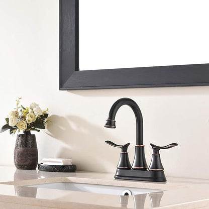 KINGO Bathroom Faucets for Sink 3 Hole, 2 Handle 4 inch Oil Rubbed Bronze Bathroom Sink Faucet with Pop-up Drain and Supply Hoses, Stainless Steel Lead-Free Centerset Faucets for Vanity RV, 2 Pack