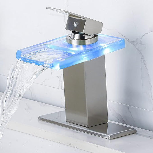 LED Bathroom Sink Faucet - Brushed Nickel Single Hole or 4 Inch Centerset Waterfall Faucet with Glass Spout and Temperature-Sensitive LED Lights, Includes Deck Plate