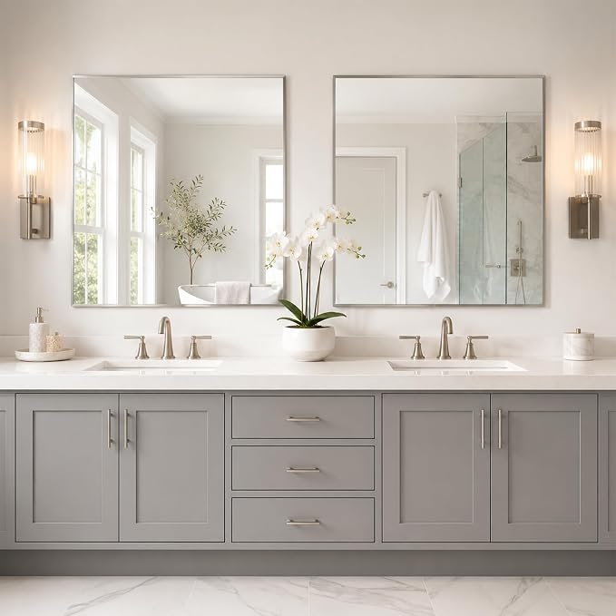 30"x30" Brushed Nickel Framed Square Bathroom Vanity Wall Mirror | Accent Wall Mirror, Square Geometric Look, Slim Metal Frame, Living Room or Entryway, Keyhole Mount, Tempered Glass
