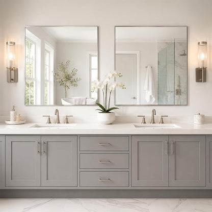 30"x30" Brushed Nickel Framed Square Bathroom Vanity Wall Mirror | Accent Wall Mirror, Square Geometric Look, Slim Metal Frame, Living Room or Entryway, Keyhole Mount, Tempered Glass