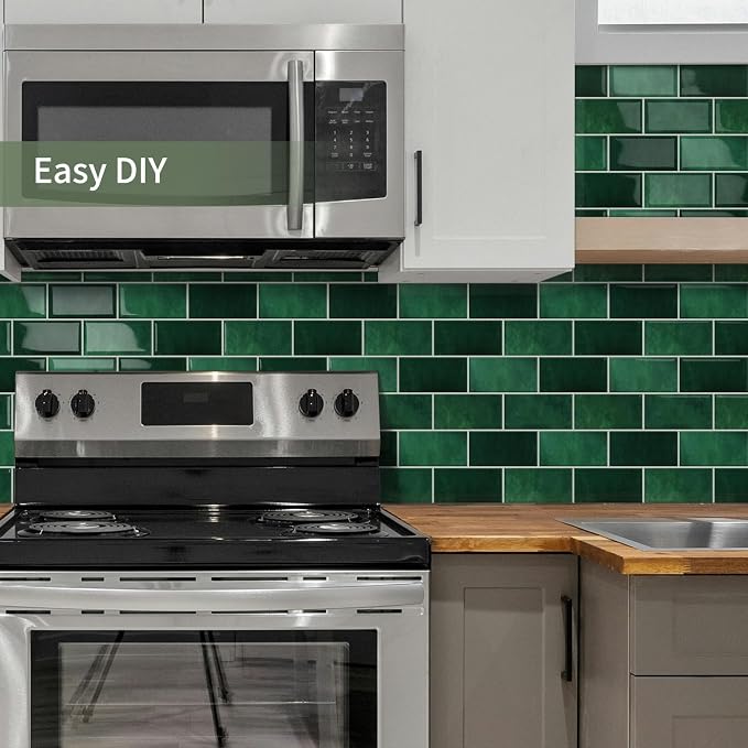 10-Sheet Thick Peel and Stick Kitchen Backsplash Tiles | 3D Subway Waterproof Self-Adhesive Wall Tile Stick on Backsplash for Kitchen and Bathroom(Dark Green,12.6"×10.6")