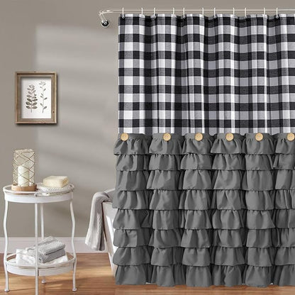 Seasonwood Farmhouse Shower Curtain Grey Shower Curtain with Button Bathroom Decor Black Buffalo Plaid Pattern with Fabric Ruffles Waterproof with 12 Hooks Washable Durable 72"x72"