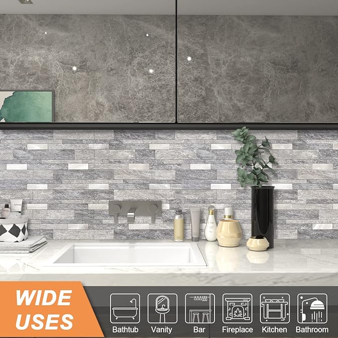 VAOVI Peel and Stick Tile Stone Backsplash for Kitchen Wall(5pcs,Gray)