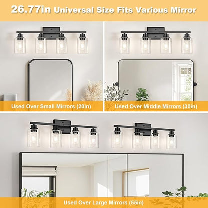 Unicozin Modern Black Bathroom Light Fixtures, 4-Light Vanity Lights Over Mirror with E26 LED Bulbs Included, Wall Sconce with Clear Glass Shades for Living Room Bedroom Hallway Kitchen