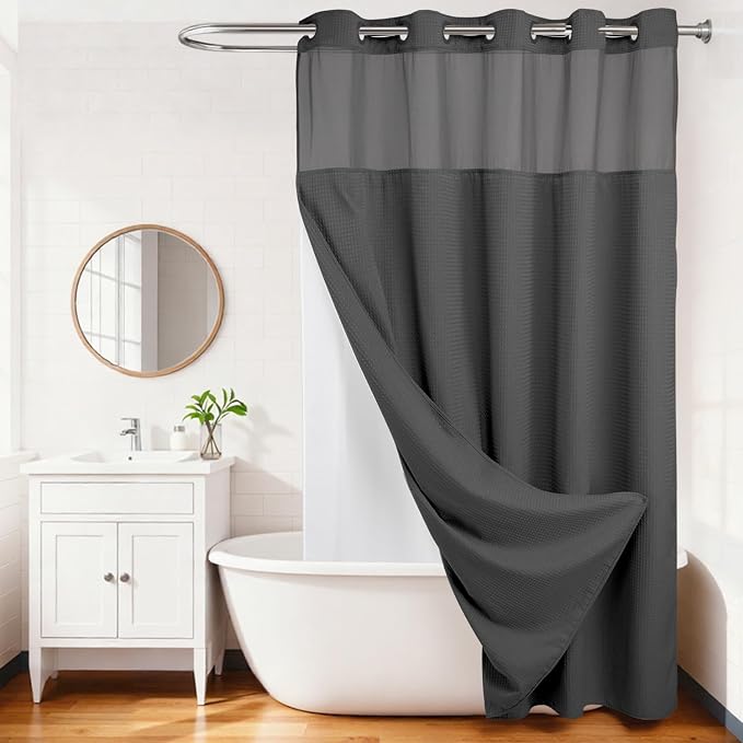 River Dream Waffle No Hook Shower Curtain with Liner,Graphite Grey,71x86 | Dotted Waffle,Snap-in Liner,Heavy Duty,Quick Dry,Mesh Top Window,With Bottom Magnets,Hotel-Grade,Washable,Extra Long Size