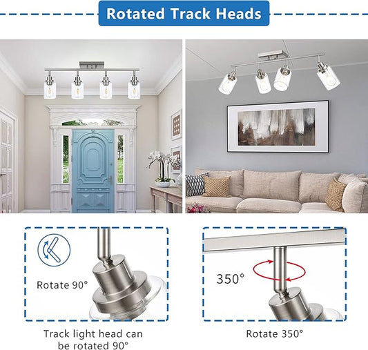 MELUCEE 4 Light Track Lighting Kit Bathroom Vanity Light Fixtures Brushed Nickel Ceiling Spotlight Fixture for Hallway Porch Foyer Bath Storage, Clear Glass Shade