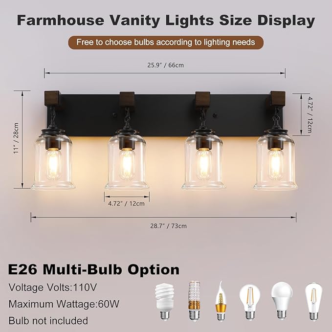 Farmhouse Bathroom Vanity Light, 4 Light Black Bathroom Vanity Light Fixtures Over Mirror, Rustic Wall Lighting with Clear Glass Shades for Living Room, Bedroom, Hallway