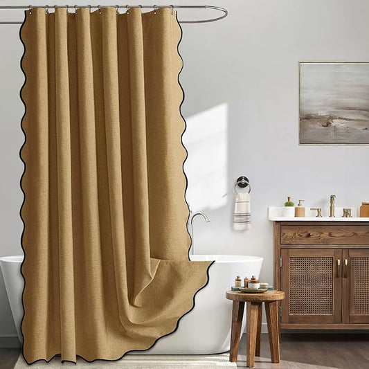 MIULEE Gold Brown Scalloped Linen Shower Curtain 72x72 Inches | Linen Textured, Waterproof, Washable, 12 Metal Hooks, Heavy Duty Cloth, Black Border, Shower Curtain for Bathroom Bathtub