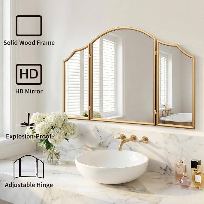 Besdomus Gold Scalloped Vanity Mirror: 36"x24" Three Sided Dresser Miror | Modern Minimalist Wood Frame Arched 3 Way Trifold Mirror for Bedroom/Cloakroom/Dressing Room/Wall - Home Decor for Housewife
