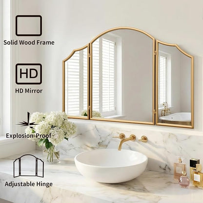 Besdomus Gold Scalloped Vanity Mirror: 36"x24" Three Sided Dresser Miror | Modern Minimalist Wood Frame Arched 3 Way Trifold Mirror for Bedroom/Cloakroom/Dressing Room/Wall - Home Decor for Housewife