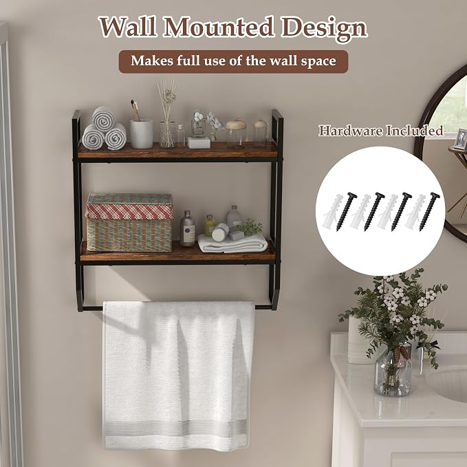 GOFLAME 2-Tier Industrial Bathroom Shelves with Towel Bar, Over the Toilet Shelf Wall Mounted with Metal Frame, Wall Storage Organizer Shelf for Bathroom, Living Room, Kitchen, Rustic Brown