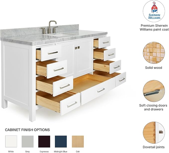 Beckford 60 Inch Bathroom Vanity Single Sink — White Bathroom Vanity with Sink, 1.5" Edge Italian Carrara Marble Countertop & Backsplash, 2 Soft-Close Doors, 9 Dovetail Drawers