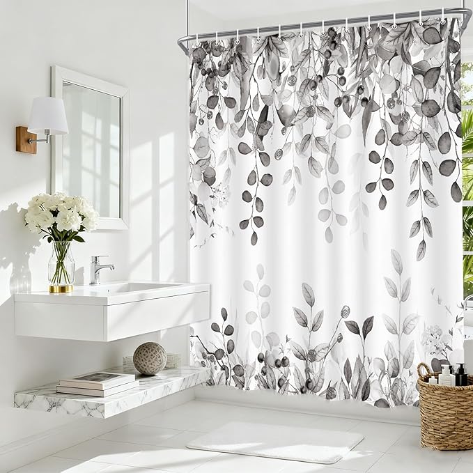 Long Gray Eucalyptus Shower Curtain 72X78 Inch, Black and White Watercolor Plants Leaves Tall Bathroom Curtains, Botanical Foliage Waterproof Fabric Cloth Shower Curtain Set with Hooks