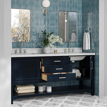 ARIEL Bayhill 72-inch Bathroom Vanity with Sink,Solid Wood, 1.5-inch Italian Carrara Marble Countertop, Double Rectangular Porcelain Sink, 2 Soft Closing Doors, 3 Dovetail Drawers, Midnight Blue