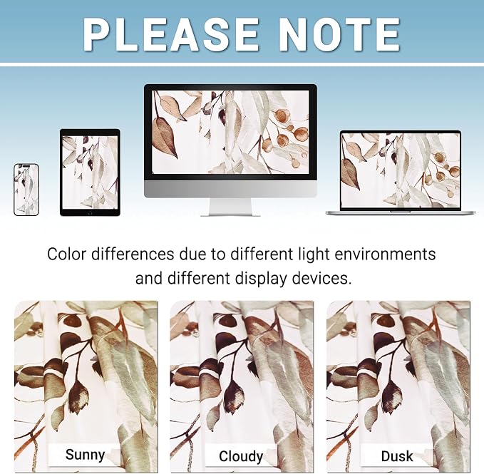 No Hook Floral Shower Curtain with Liner, Eucalyptus Taupe, 71x74 | Snap in Liner, 3 in 1, Water Repellent, Easy Install, Machine Washable, Hotel Style for Bathroom, Watercolor Pattern