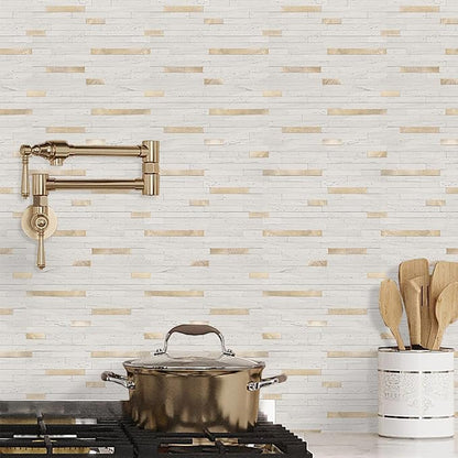 STICKGOO 2 Sheets Peel and Stick Backsplash Tile, Stick on Backsplash for Kitchen and Bathroom, White Sandstone Look PVC Mixed Metal Gold Self Adhesive Wall Tiles