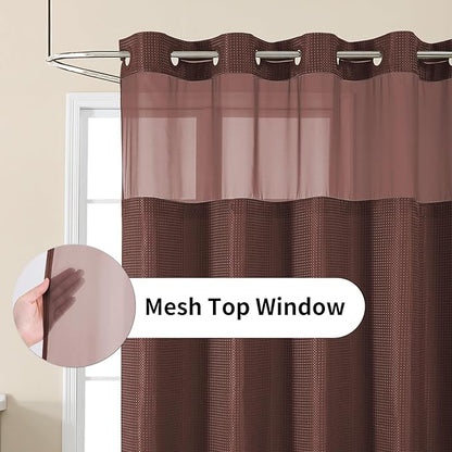 Colorful Star No Hook Shower Curtain with Snap in Fabric Liner, Waffle Weave Heavy Duty Thick Shower Curtains with Mesh Top Window, Hotel Style Waterproof Bathroom Curtain Set, 72 x 75 Inch, Brown