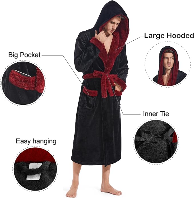 Inner Wish Mens Hooded Robe, Plush Long Bath robes Cozy Warm Bathrobe Fuzzy male Spa Robe With Pockets