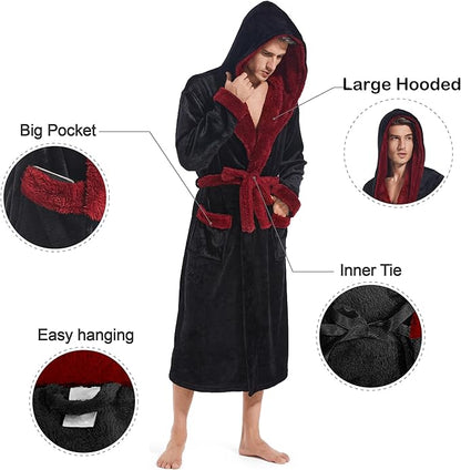 Inner Wish Mens Hooded Robe, Plush Long Bath robes Cozy Warm Bathrobe Fuzzy male Spa Robe With Pockets