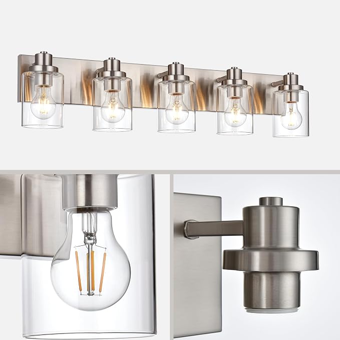 5 Light Brushed Nickel Vanity Lights Bathroom Lighting Fixtures Over Mirror, Modern Bathroom Lights with Clear Glass Shade, Farmhouse Vanity Wall Sconces Lighting for Bedroom Living Room