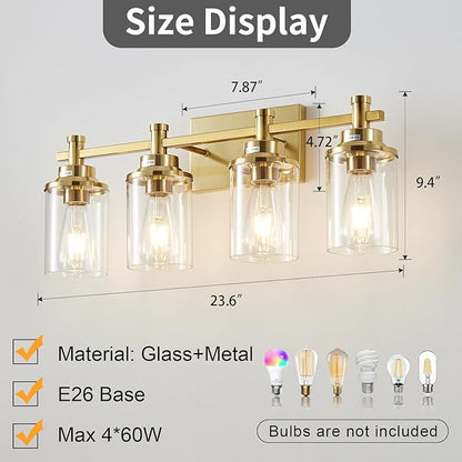 4 Light Brushed Brass Vanity Light Over Mirror, Gold Bathroom Fixtures, Vintage Wall Sconce With Clear Glass Shade, Brushed Gold Lights for Bathroom