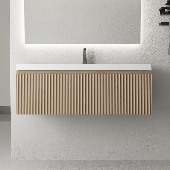 42 Inch Floating Bathroom Vanity with Sink, Wall-Mounted Striped Storage Cabinet with Soft-Close Drawer, Glossy White Solid Surface Basin, Fully Assembled, Natural Oak Finish