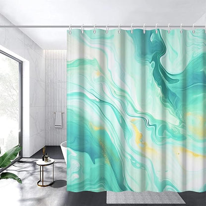 Turquoise Shower Curtain, Modern Teal and Gold Marble Shower Curtain for Bathroom Aesthetic Waterproof Shower Curtain Set with Hooks, 72x72 Inch
