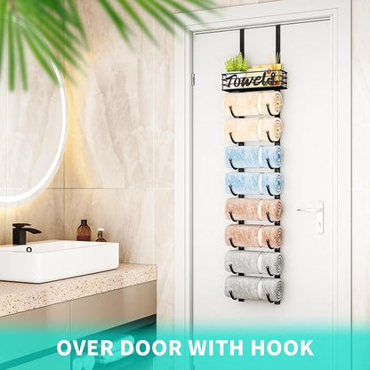 HapiRm Towel Racks for Bathroom Storage - 9 Tier Over The Door & Wall Mount Rolled Towel Storage Organizer Holder with Metal Shelf Basket for Small Bathroom, Camper, Rv - Black, Patented