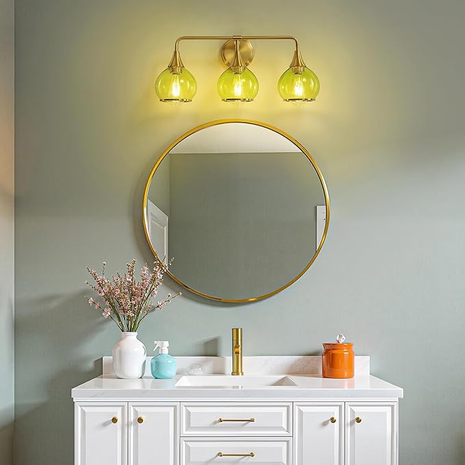 Brushed Gold Bathroom Vanity Light 3-Lights Bathroom Light Fixtures Over Mirror with Green Clear Glass Shade 22.4 inch Wall Sconce Lighting Bath(Exclude E26 Bulb)