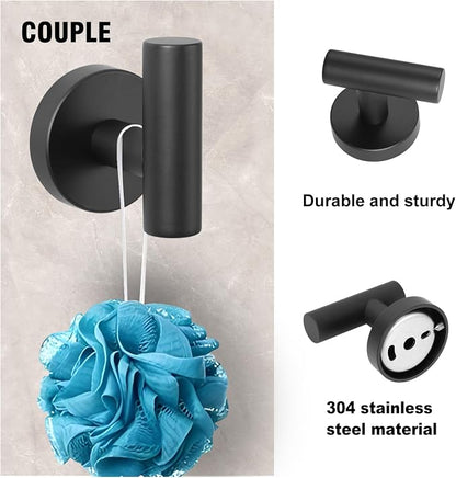5 Piece Modern Style Wall Mounted Bathroom Hardware Set | #304 Stainless Steel, 24" Towel Bar Mount, Towel Rings, 2 Pillar Toilet Paper Holder, Bathrobe Hook (Matt Black)