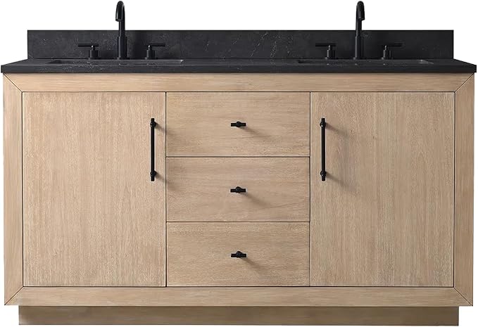 60 Inch Bathroom Vanity with Double Sink & Black Ceramic Top, MDF Material Vanity Cabinet with Basin Combo, Soft-Closing Doors, Removable Shelf, Backsplash