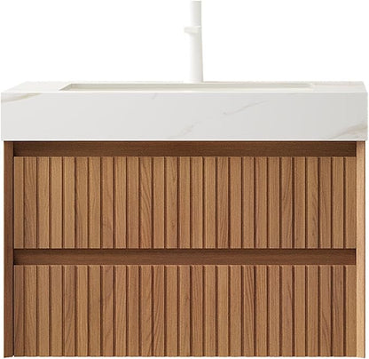 30" Bathroom Vanity with Sink, Modern Bathroom Floating Vanity with Travertine-Pattern Sintered Stone Top & Ceramic Undermount Basin, Pre-Assembled W/2 Drawers, Espresso/W
