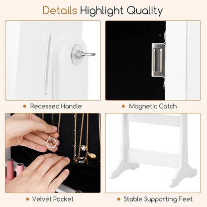 Giantex Standing Jewelry Armoire, Lockable Jewelry Cabinet with Full Length Mirror, LED Lights, 4 Tilt Angle Adjustable, Mirror with Jewelry Storage, Standing Jewelry Organizer with Drawers, White