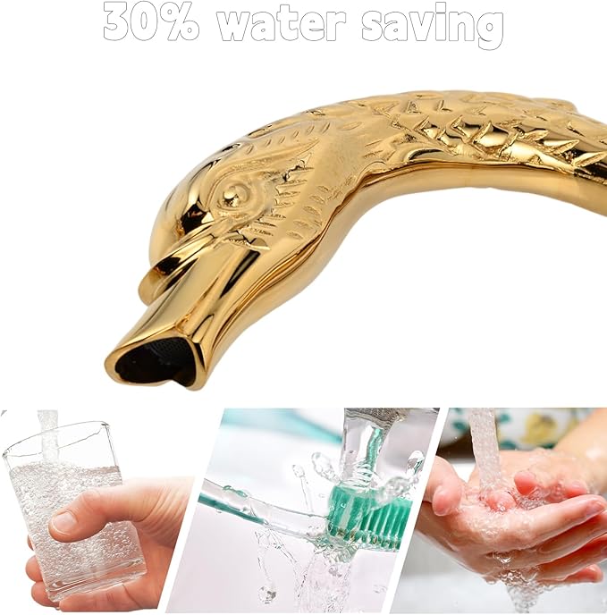 Golden Ornate Swan Style Bathroom Sink Faucet Combo Deck Mount Sink Mixer Tap Set Hot Cold Water