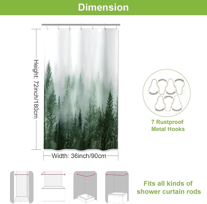ORTIGIA Misty Forest Stall Shower Curtain for Small Bathroom, Green Half Size Narrow Nature Woodland Shower Curtain Set with Hooks, Waterproof Fabric Pine Tree Fog Magic Home Bath Curtain 36x72 inch