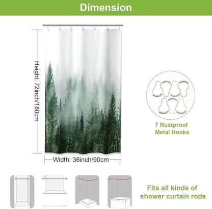 ORTIGIA Misty Forest Stall Shower Curtain for Small Bathroom, Green Half Size Narrow Nature Woodland Shower Curtain Set with Hooks, Waterproof Fabric Pine Tree Fog Magic Home Bath Curtain 36x72 inch