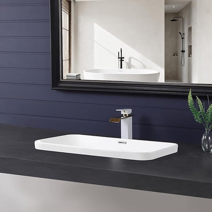 Vessel Sink 27"x16" Semi Recessed Bathroom Sink Drop-in White Bathroom Sink Porcelain Ceramic Modern Rectangular Sinks Drop-in Vanity Sinks with Overflow for Bathrooms