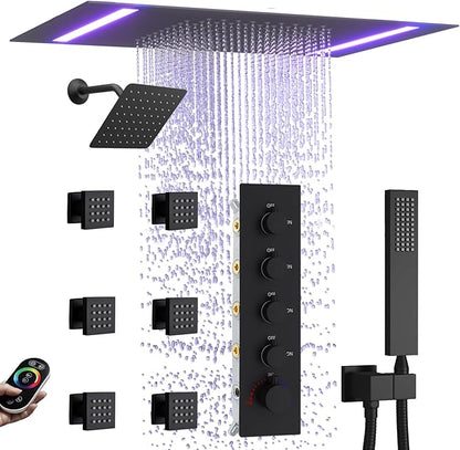 Thermostatic Shower System with 14x20 Inch Ceiling Mount LED Head & 6 Inch Wall Head and Handheld Shower 4 Function Vale with body jets Can All Run Together, Matte Black
